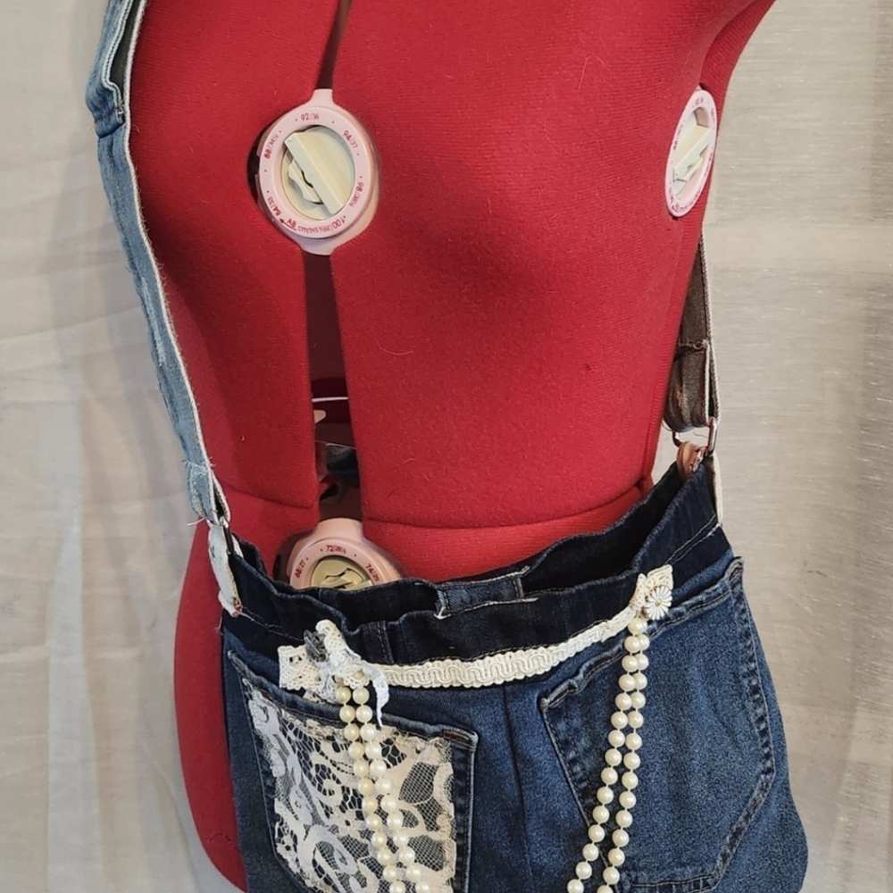 Denim Bag with Lace and Pearl Accents